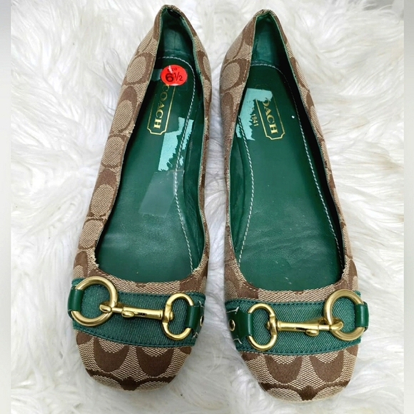 Coach Square Toe Signature Horsebit Logo Gold HardwareCanvas Leather Flats 6.5🌴 - Picture 1 of 9